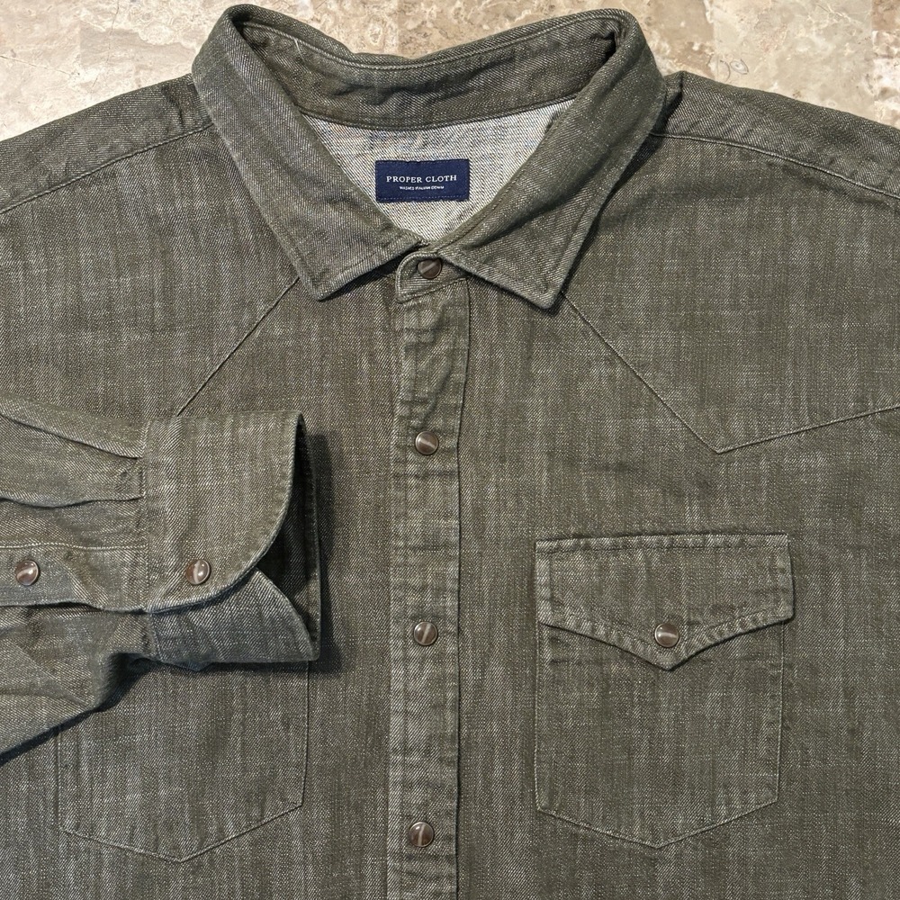 Proper Cloth Shirt Mens 19.5 37 Green Washed Italian Denim Pearl Snap Western